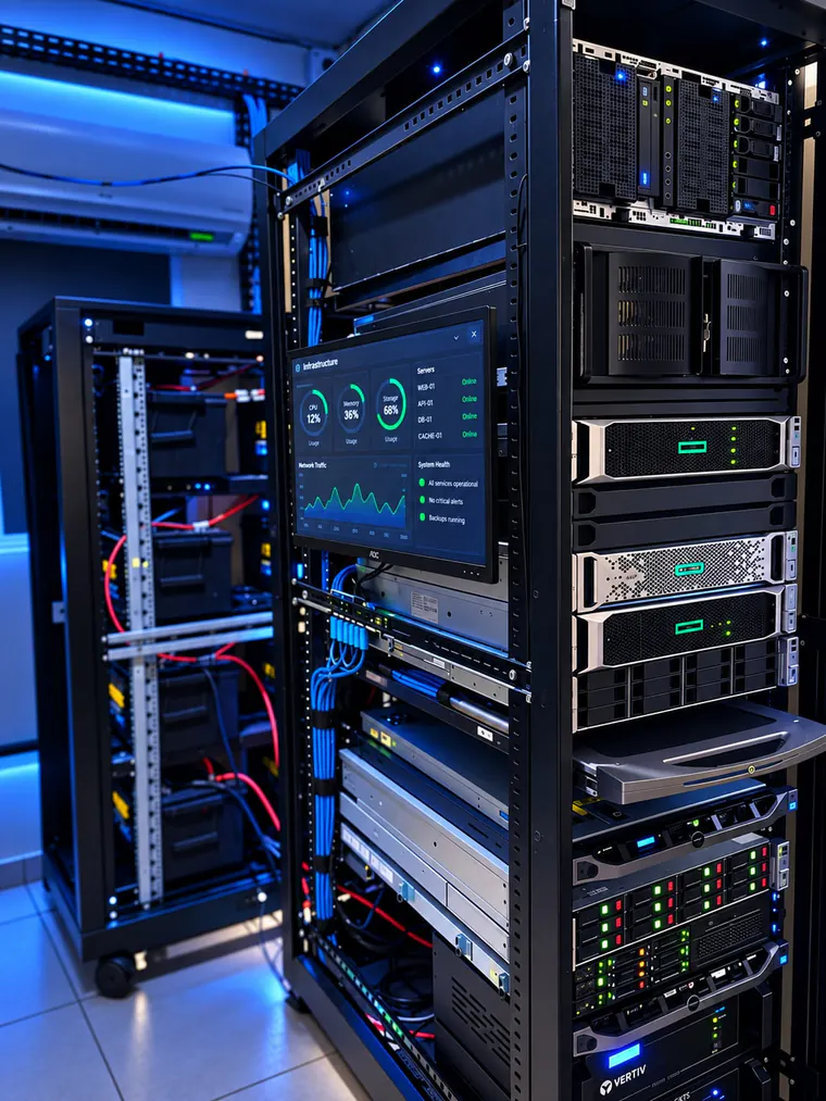 Racks de servidores com painel de monitoramento