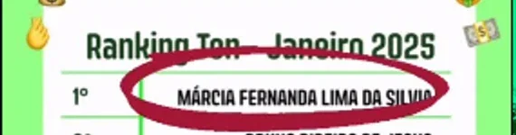 Ranking Ton de janeiro de 2025: 1º lugar Márcia Fernanda Lima da Silva (Fernanda Tonton), circulado