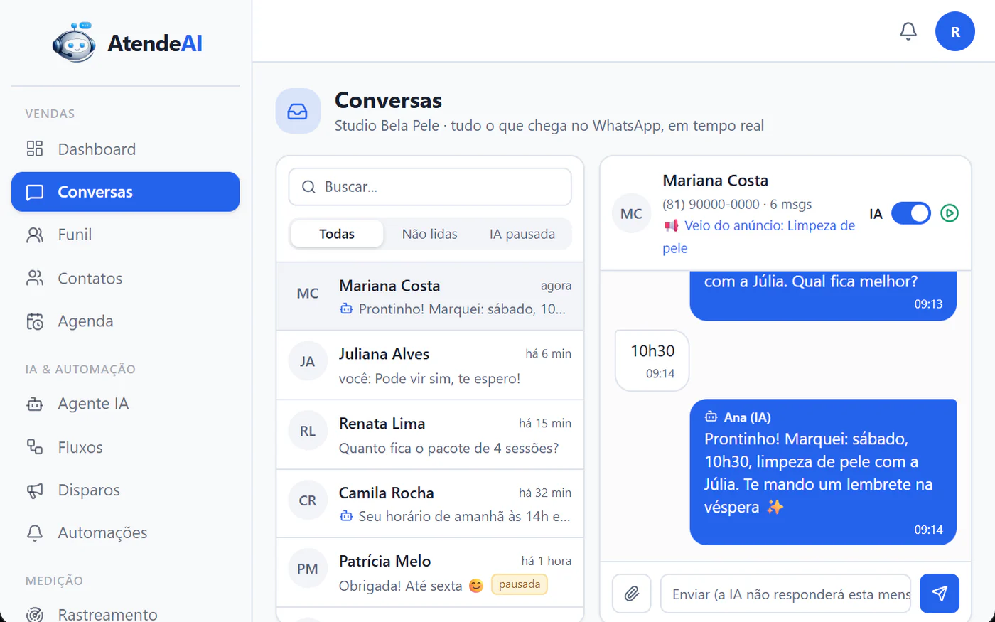 Tela recriada do AtendeAI, com dados de exemplo