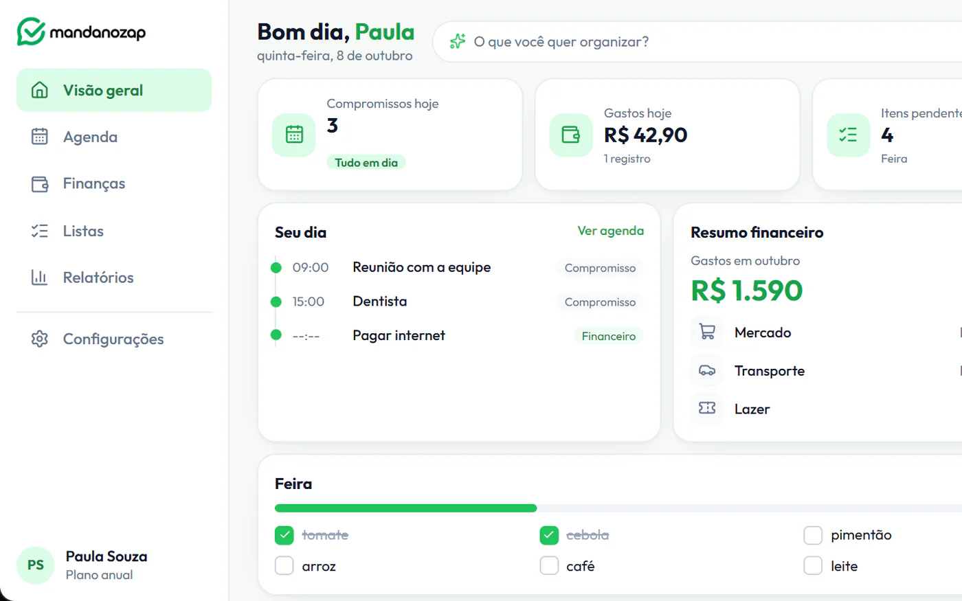 Tela recriada do MandaNoZap, com dados de exemplo